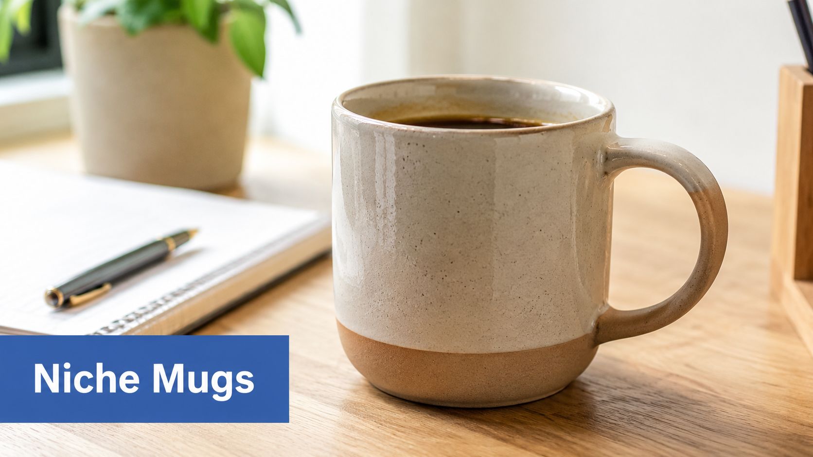 A minimalist speckled ceramic coffee mug sitting on a light wooden desk next to a notebook.