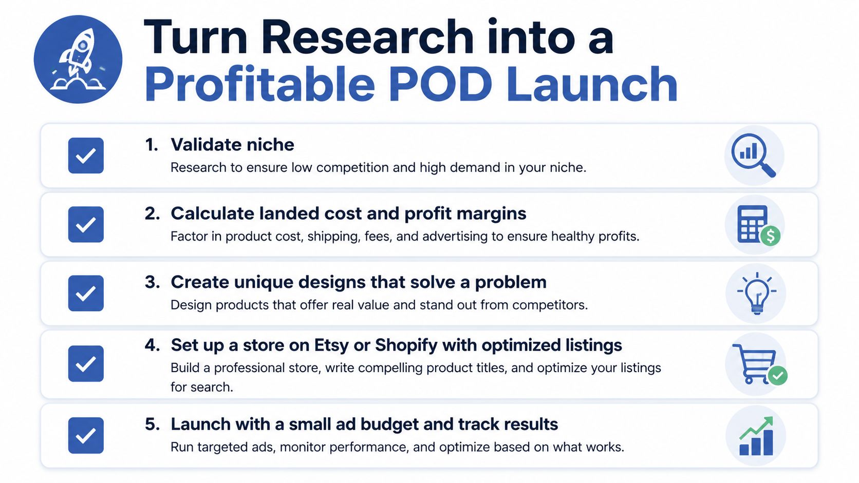 A checklist of five steps to turn market research into a successful print-on-demand product launch strategy.
