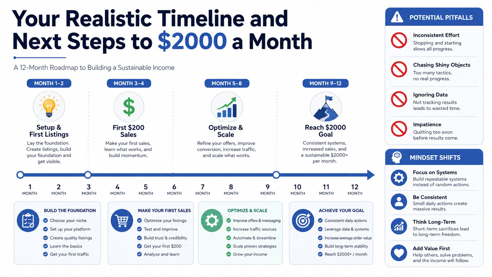 A 12-month roadmap infographic illustrating the steps to build a sustainable business and earn $2000 per month.