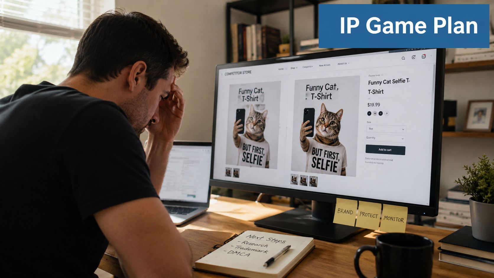 A stressed entrepreneur researching intellectual property protection strategies for his e-commerce brand on a computer screen.