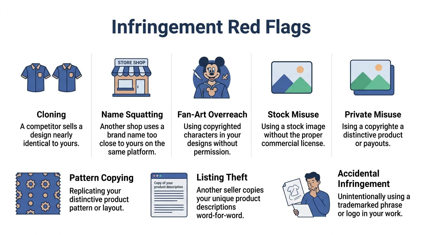 An infographic titled Infringement Red Flags illustrating common intellectual property violations for online business owners and sellers.