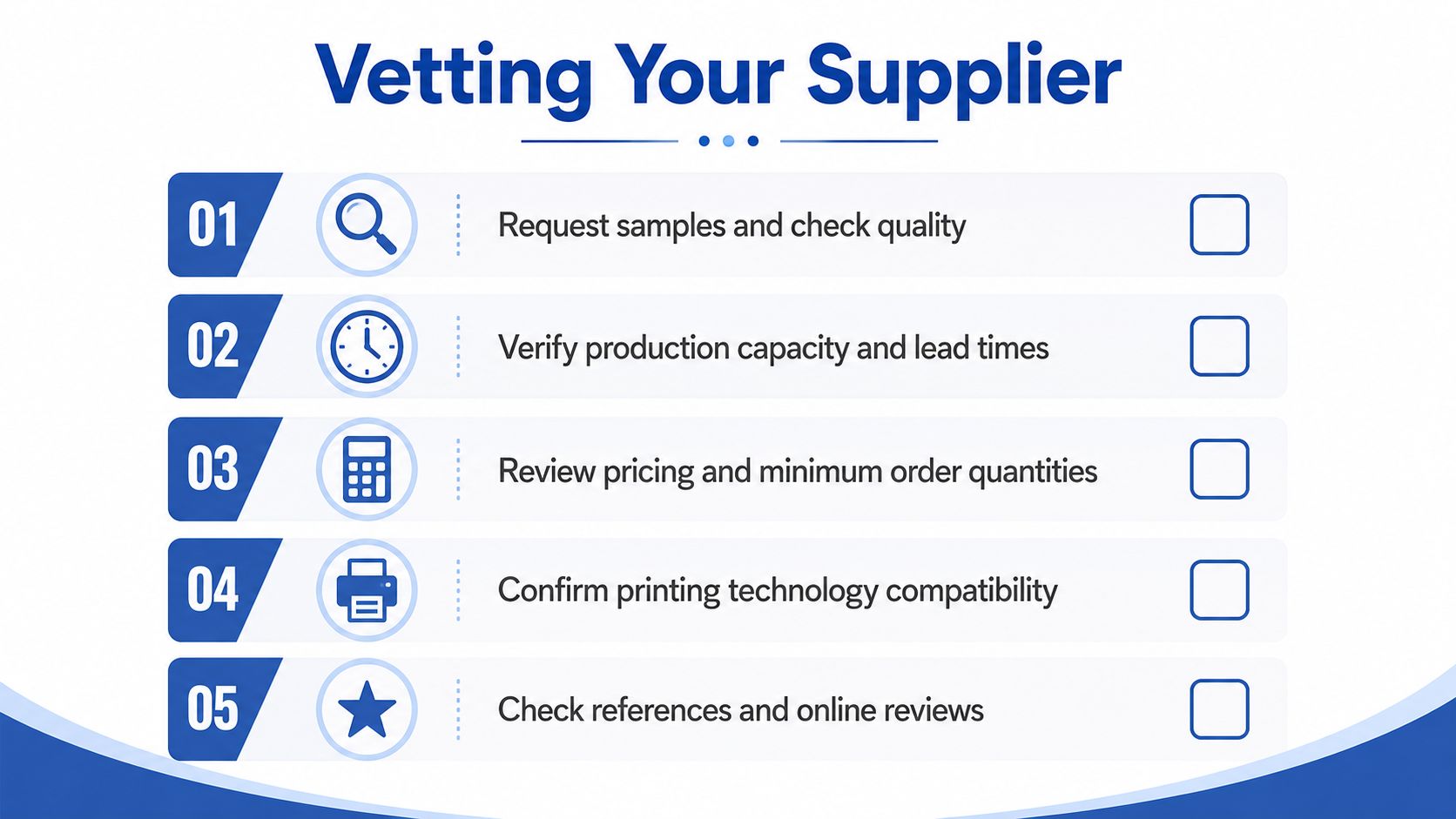 A checklist titled Vetting Your Supplier listing five essential steps for evaluating business manufacturers and potential partners.