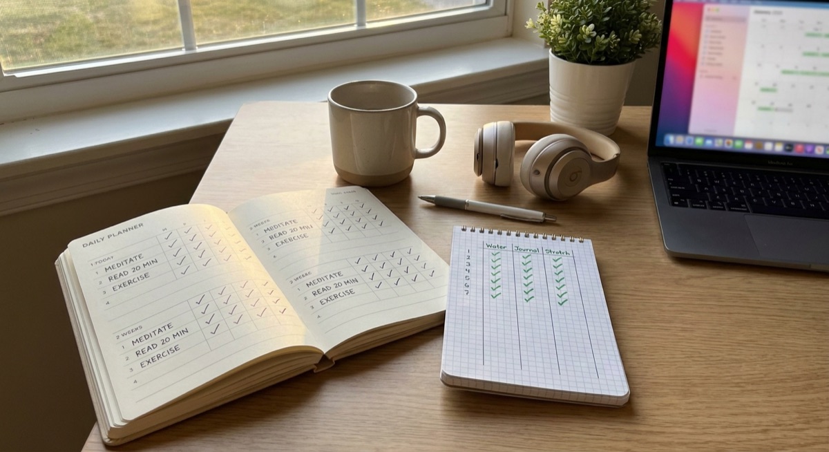 Habit tracker and calendar showing consistent daily actions