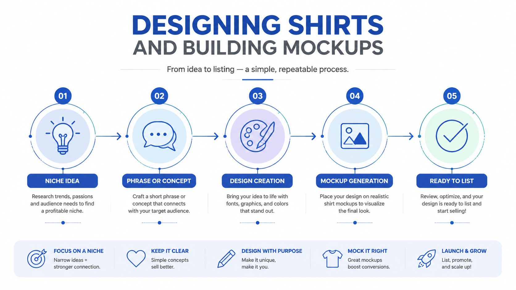 A five-step infographic guide titled Designing Shirts and Building Mockups, outlining the process from idea to listing.