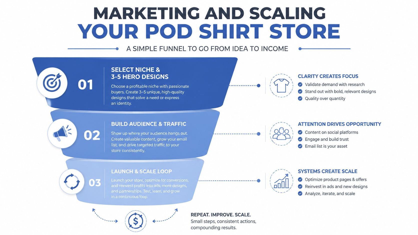 An infographic showing a three-step funnel for marketing and scaling a print on demand shirt store business.