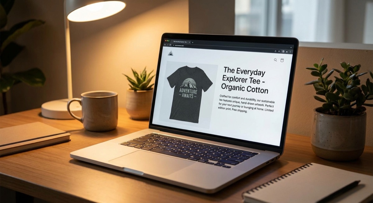 Ecommerce product page showing compelling product description on laptop screen