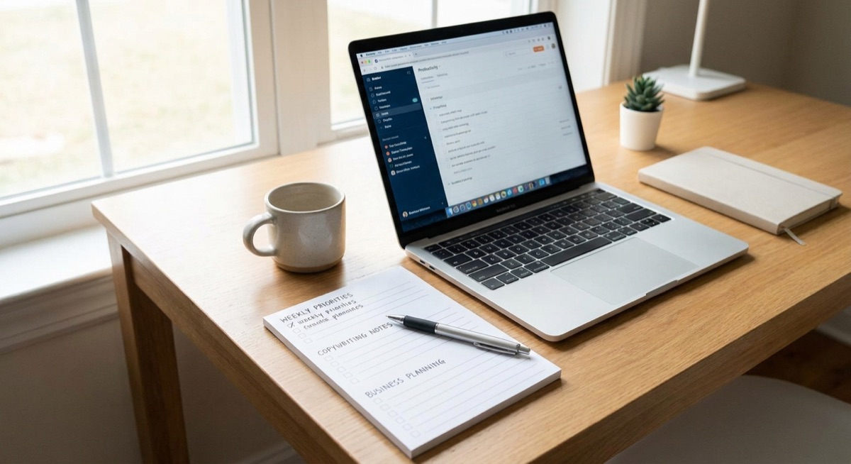 Copywriting template and checklist for product descriptions on organized desk