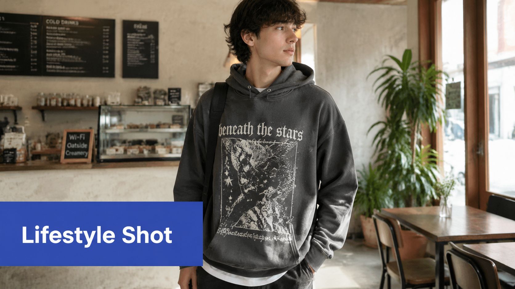 A young man wearing a grey graphic hoodie with a starry design standing in a cozy cafe.