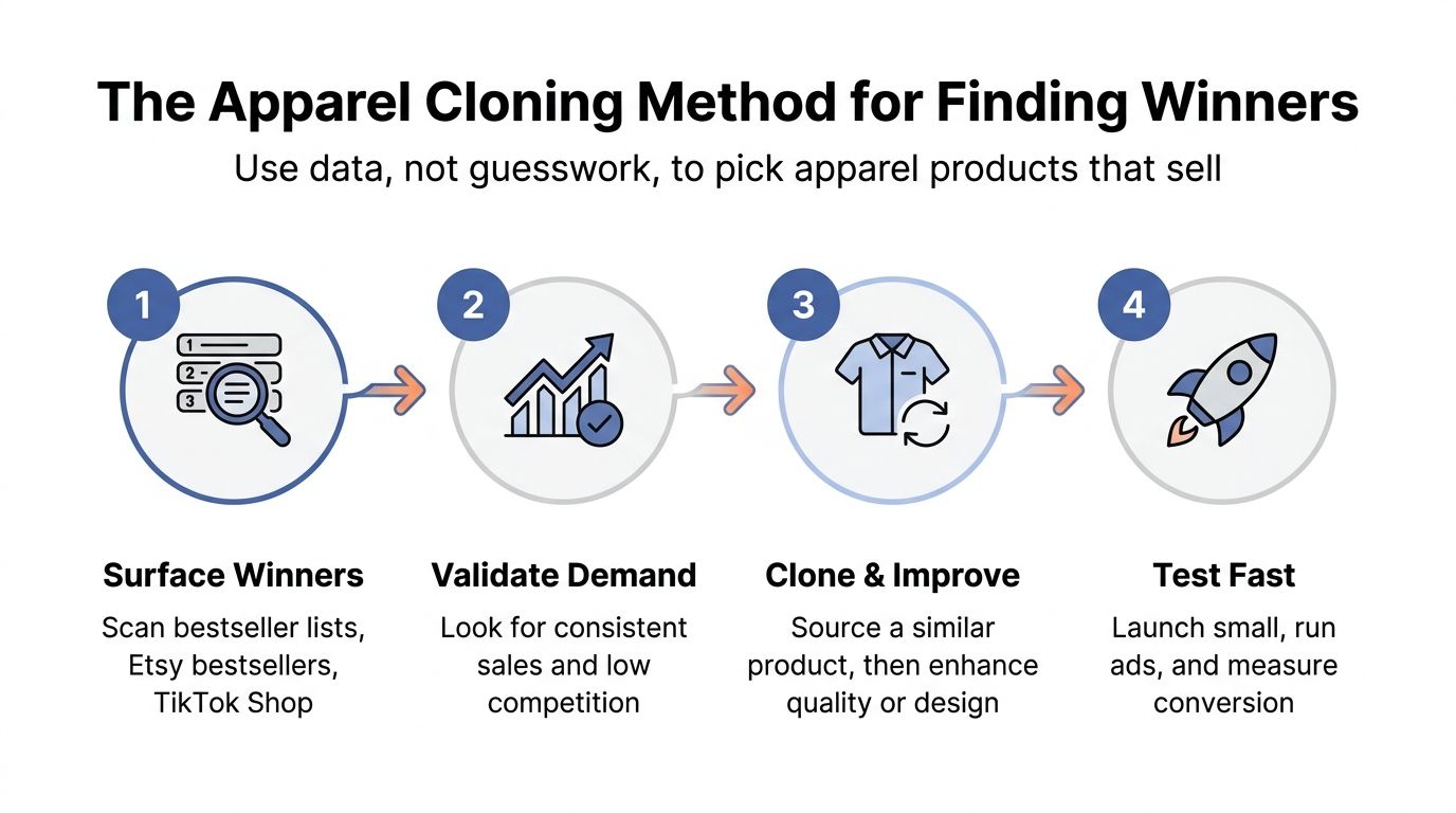 A four-step infographic showing the apparel cloning method for finding profitable clothing products to sell online.