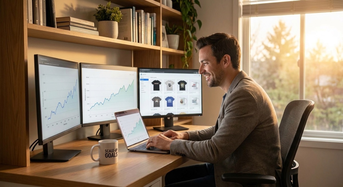 Entrepreneur scaling a print on demand business with growth charts