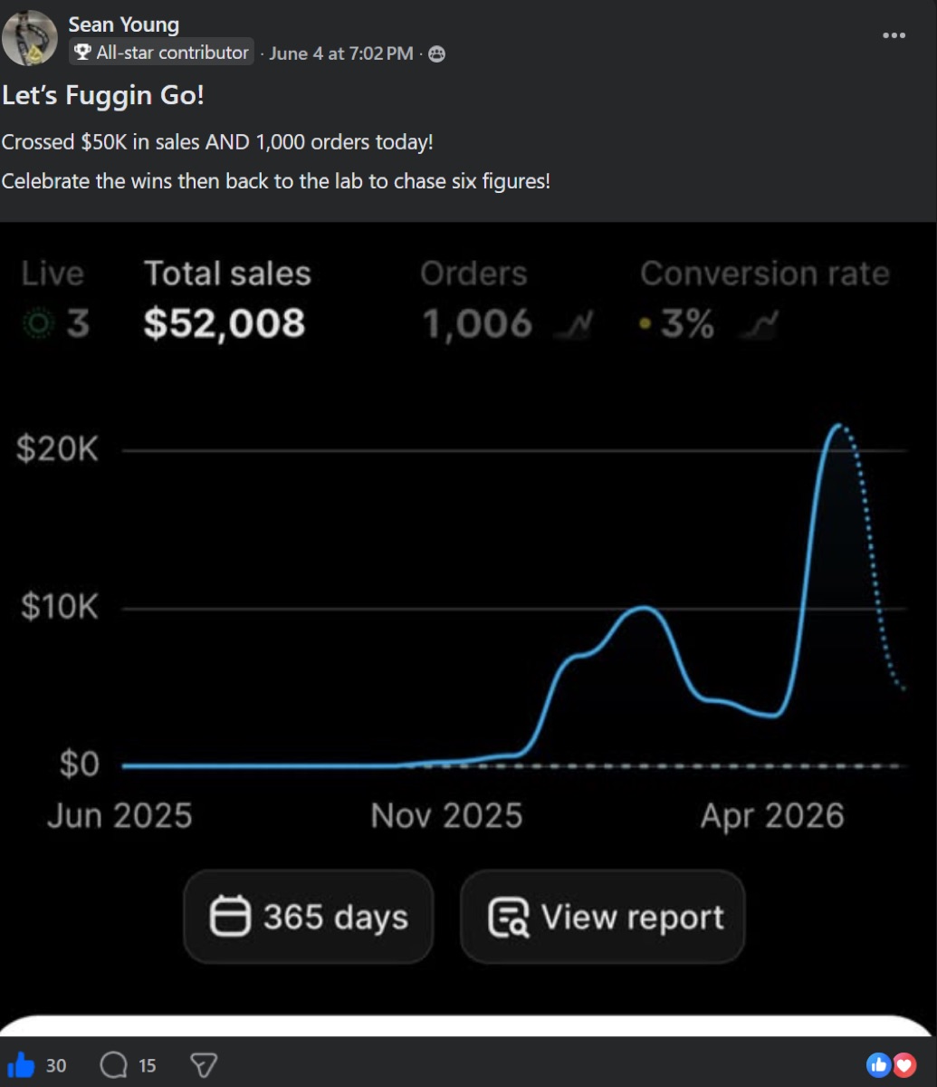 Sean Young reaching $50K total sales milestone with 1,000 orders