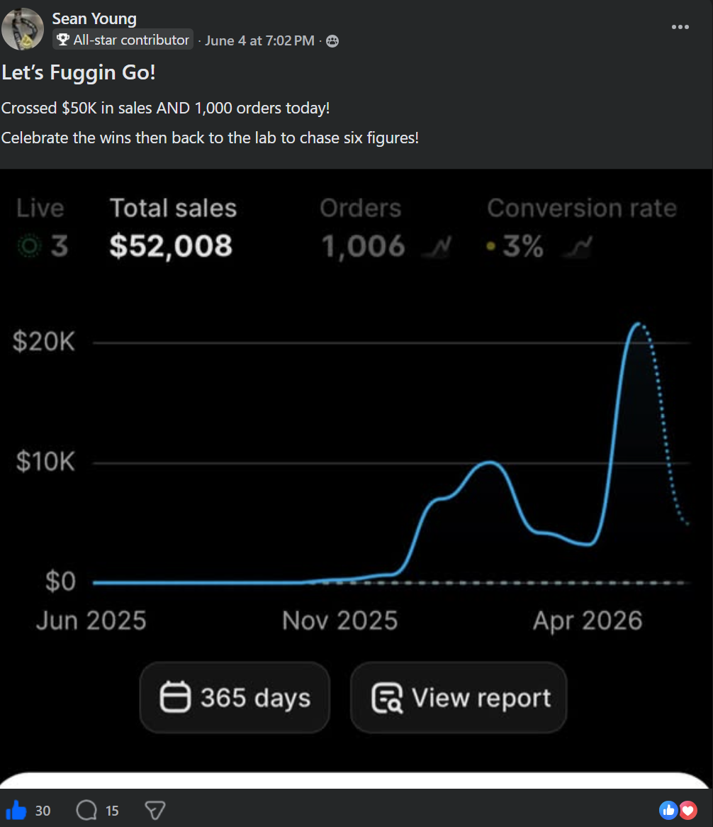 Sean Young crossed $50,000 in sales and 1000 orders milestone