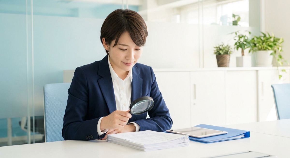Person examining business documents with magnifying glass, representing due diligence and trust verification