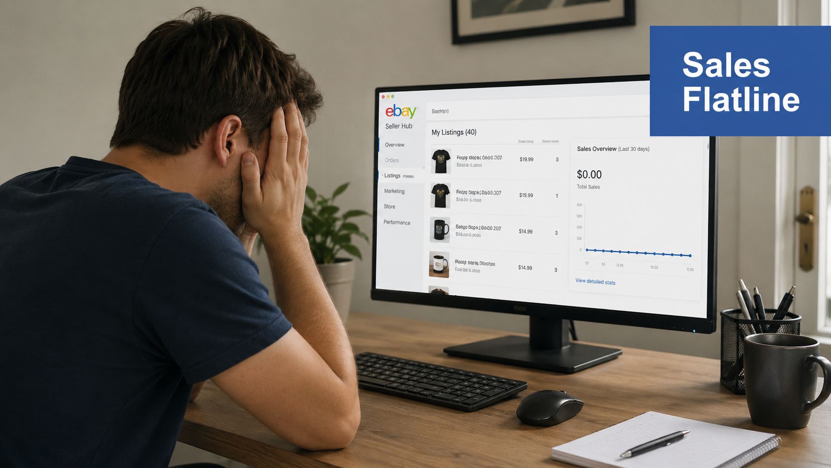 A frustrated man looking at a computer screen showing zero eBay sales with a flatline sales graph.