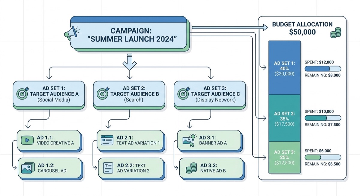 TikTok ad campaign structure diagram with budget allocation