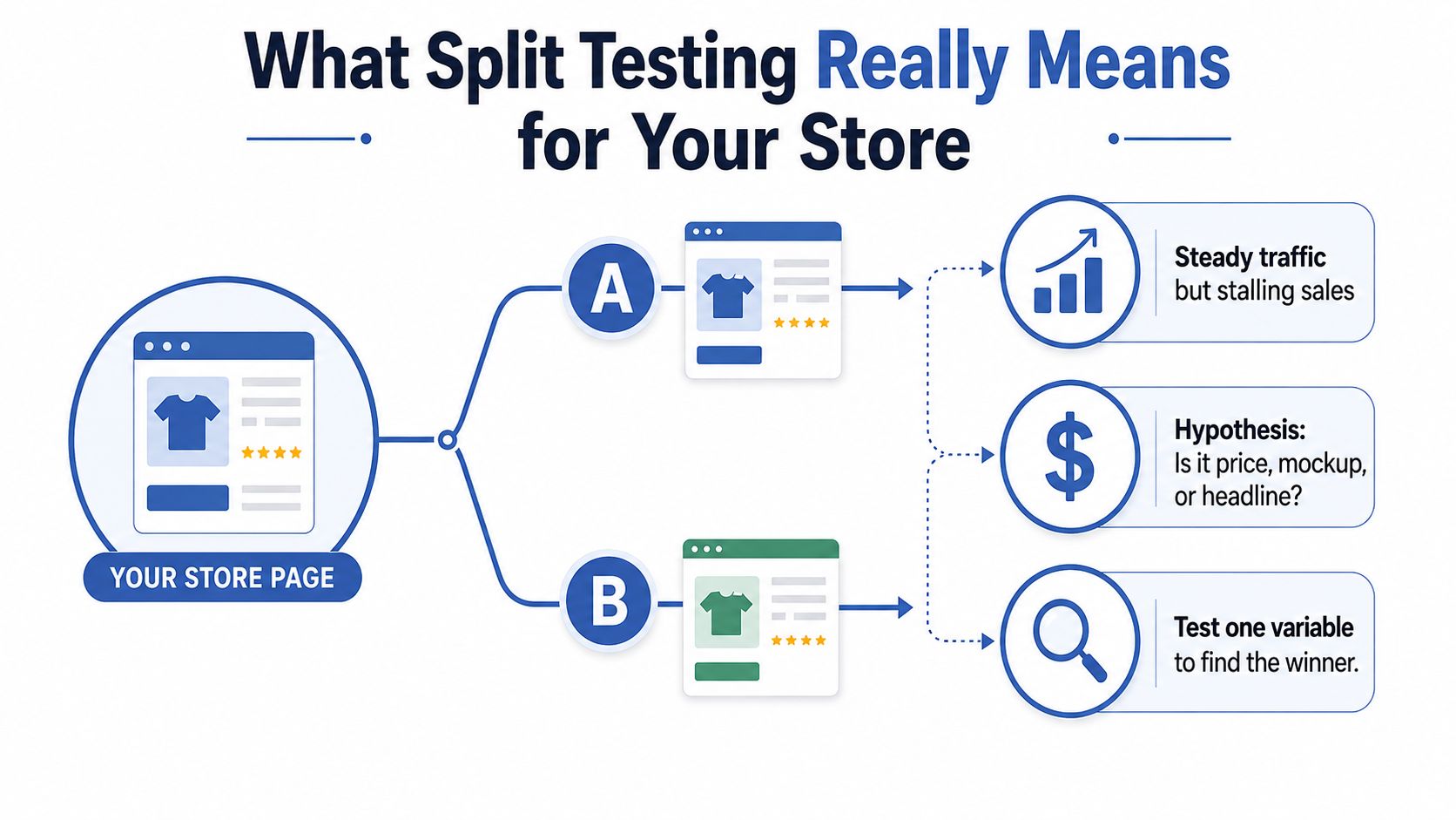 A diagram illustrating the split testing process for an e-commerce store page comparing two variations.