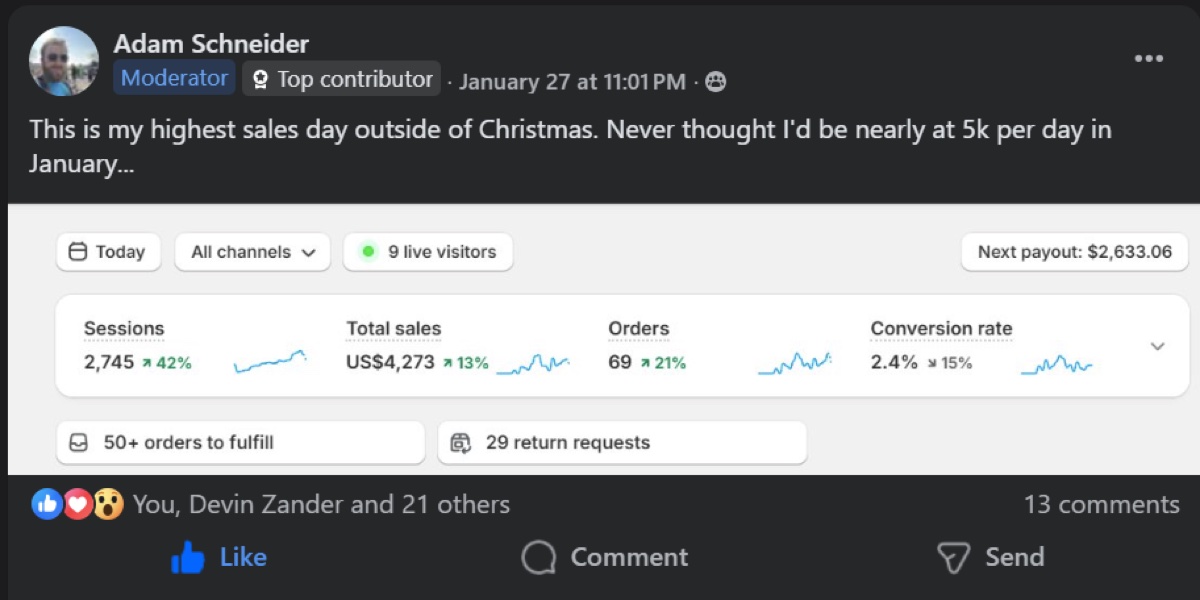 Adam Schneider celebrating nearly $5,000 in sales in a single day