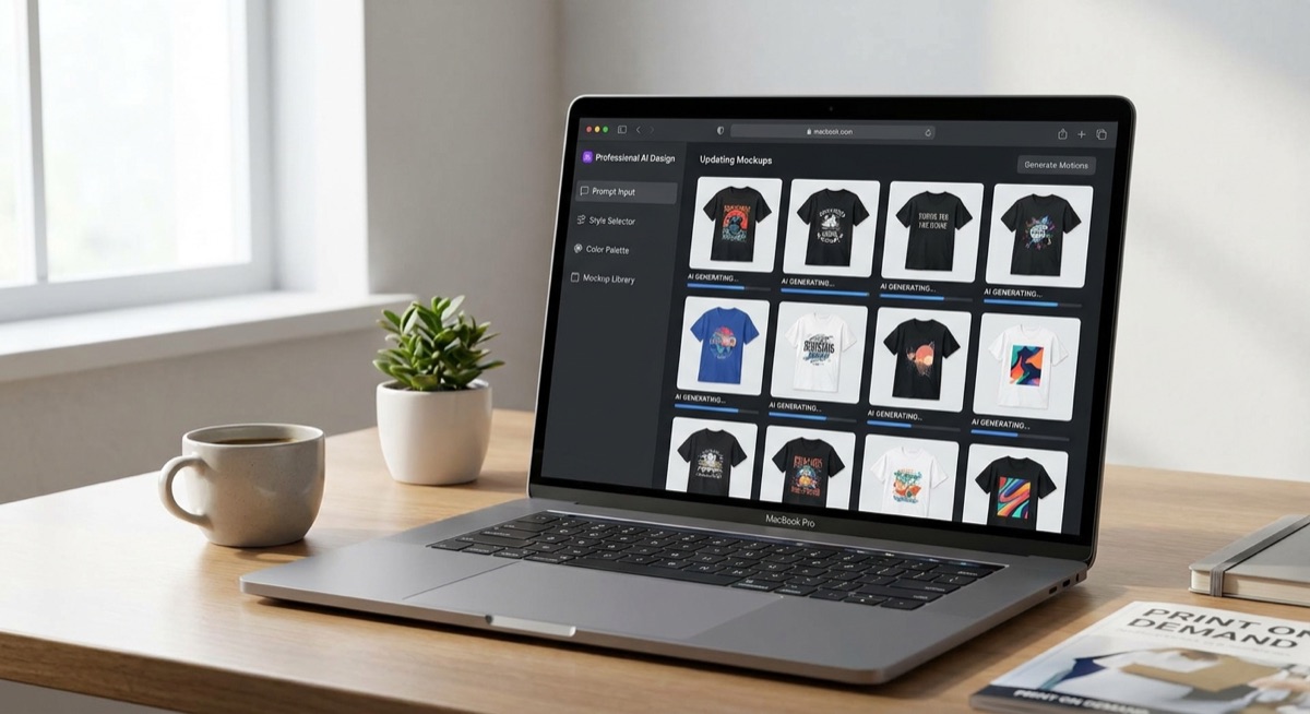 AI design interface showing t-shirt mockups being generated on laptop screen