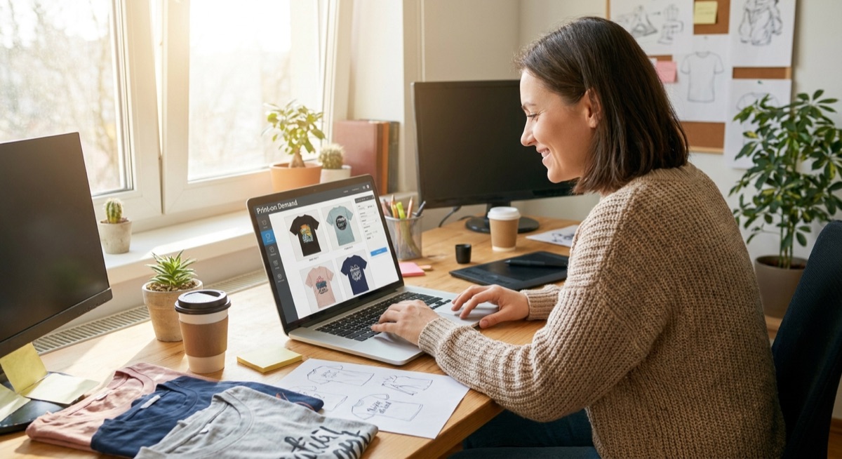 Entrepreneur working on laptop with t-shirt designs displayed