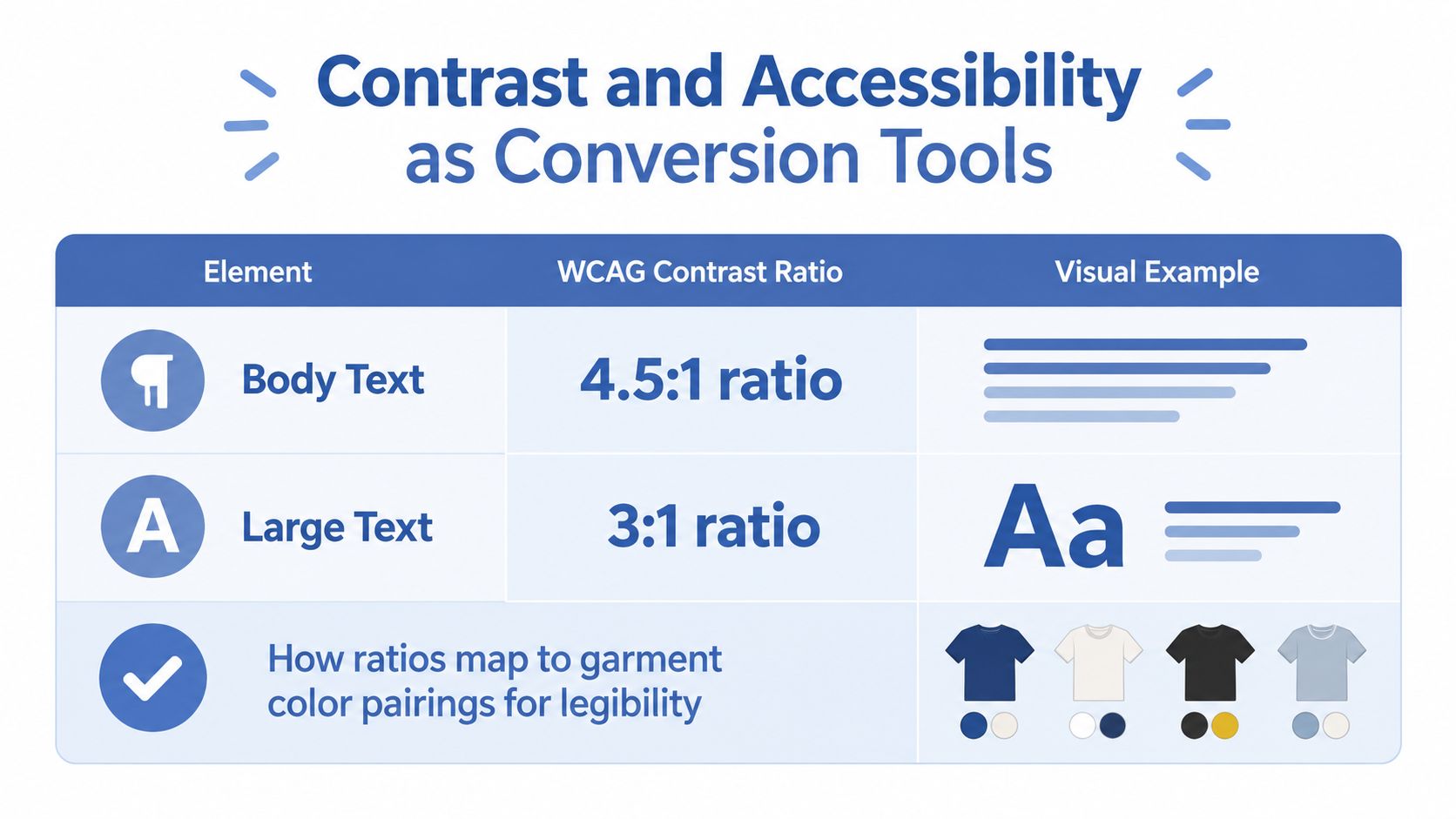 A chart explaining WCAG contrast ratio requirements for body text and large text for improved accessibility.
