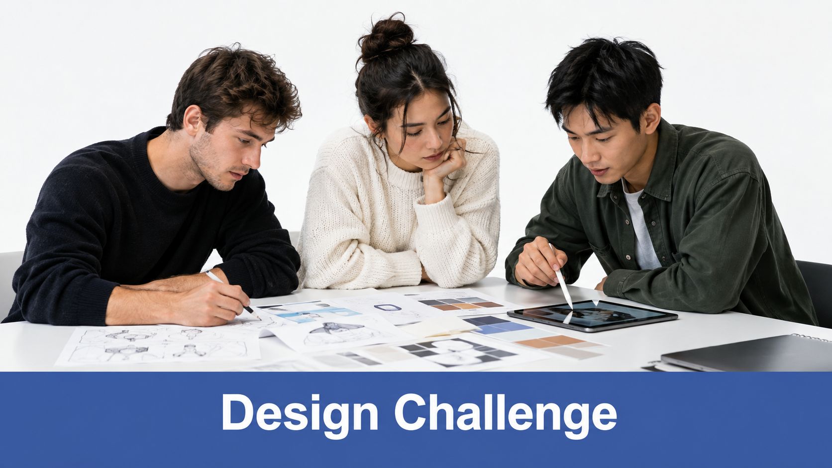 A diverse group of three creative professionals collaborating on a design project at a white table.