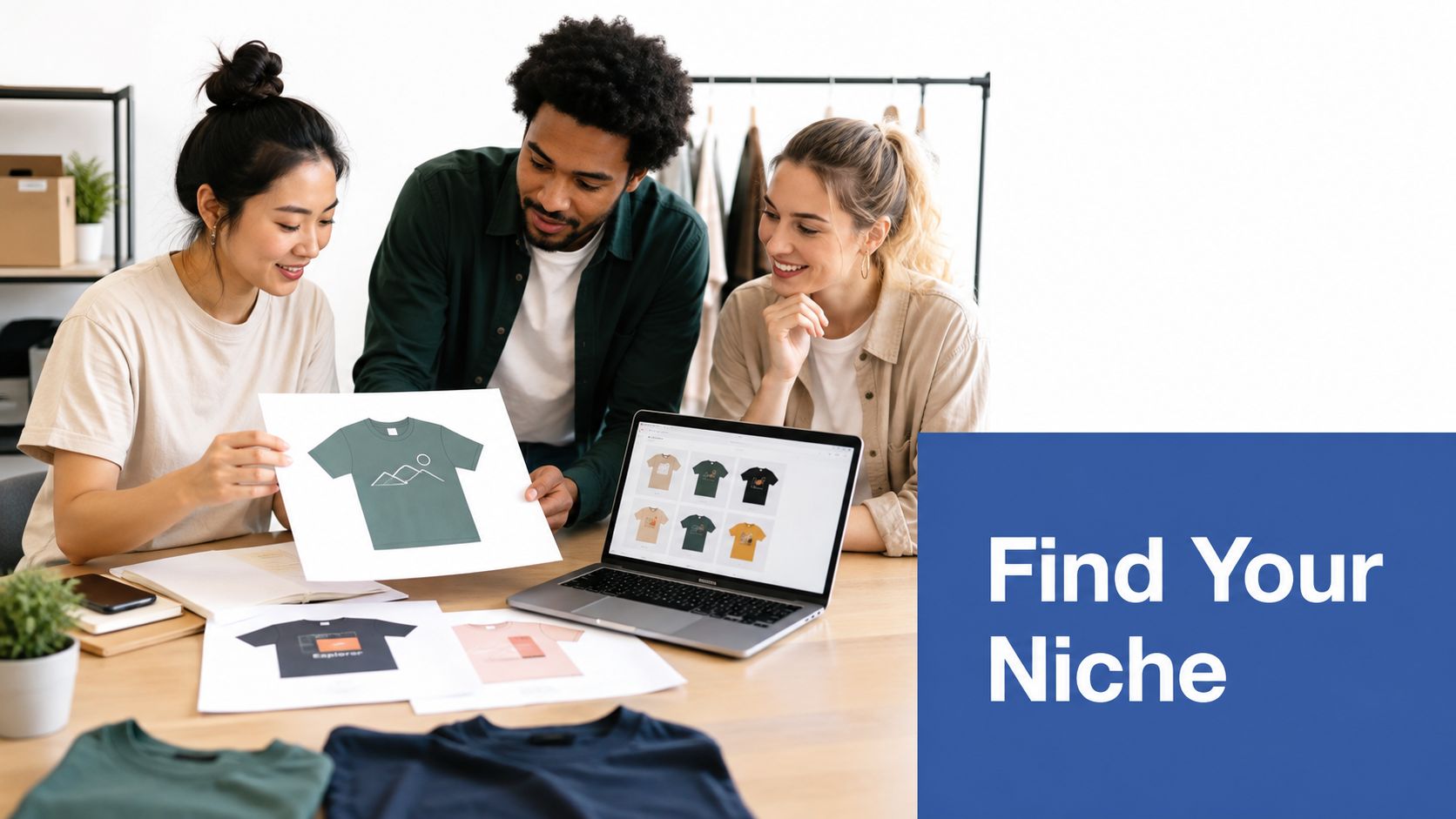 Three creative professionals collaborating on t-shirt apparel designs while working together in a bright office studio.