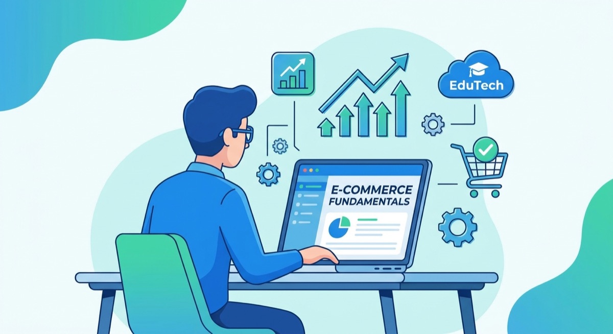 Person studying ecommerce course on laptop with growth charts