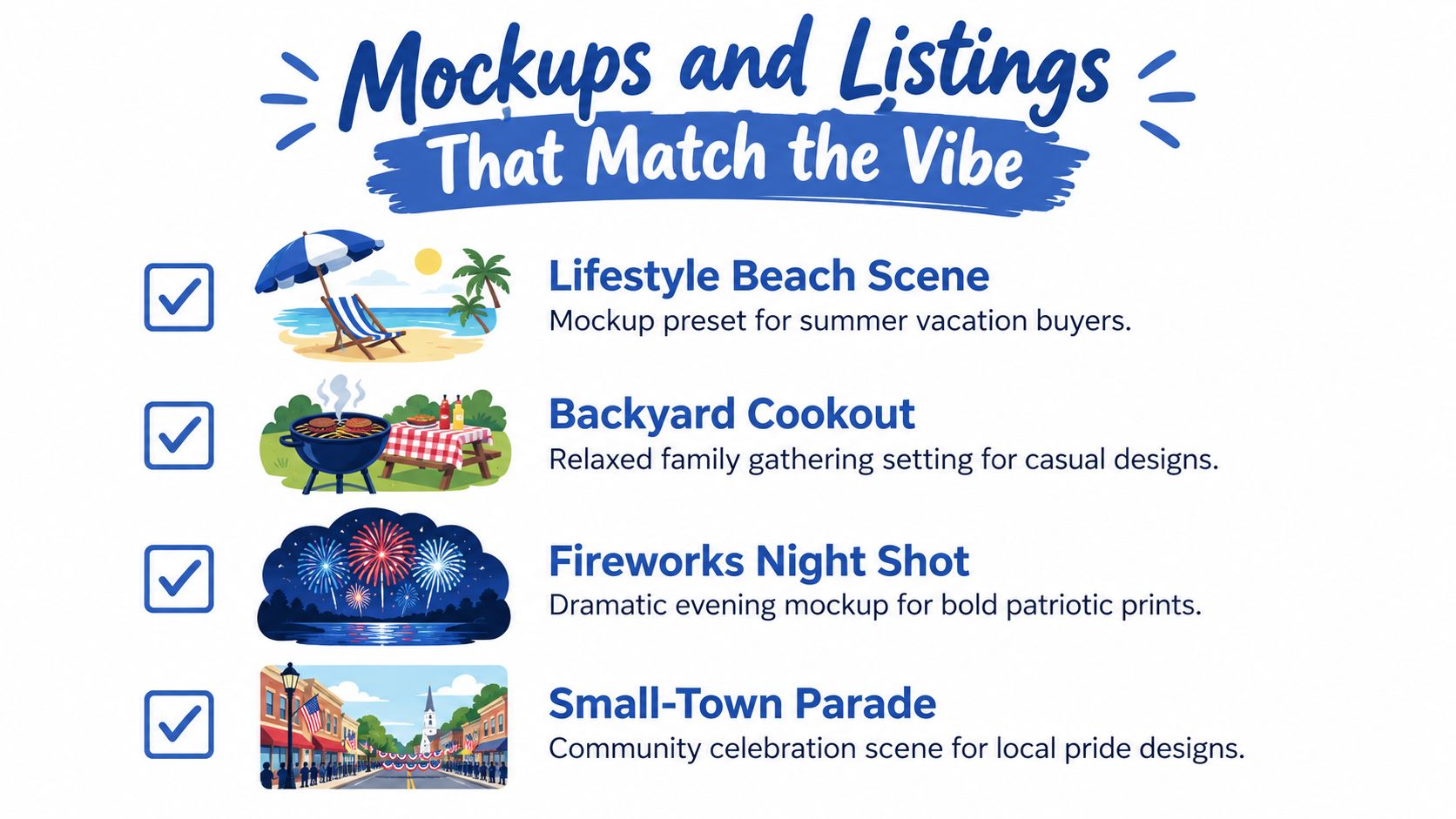 A list of thematic background mockup scenes including a beach, a cookout, fireworks, and a parade.