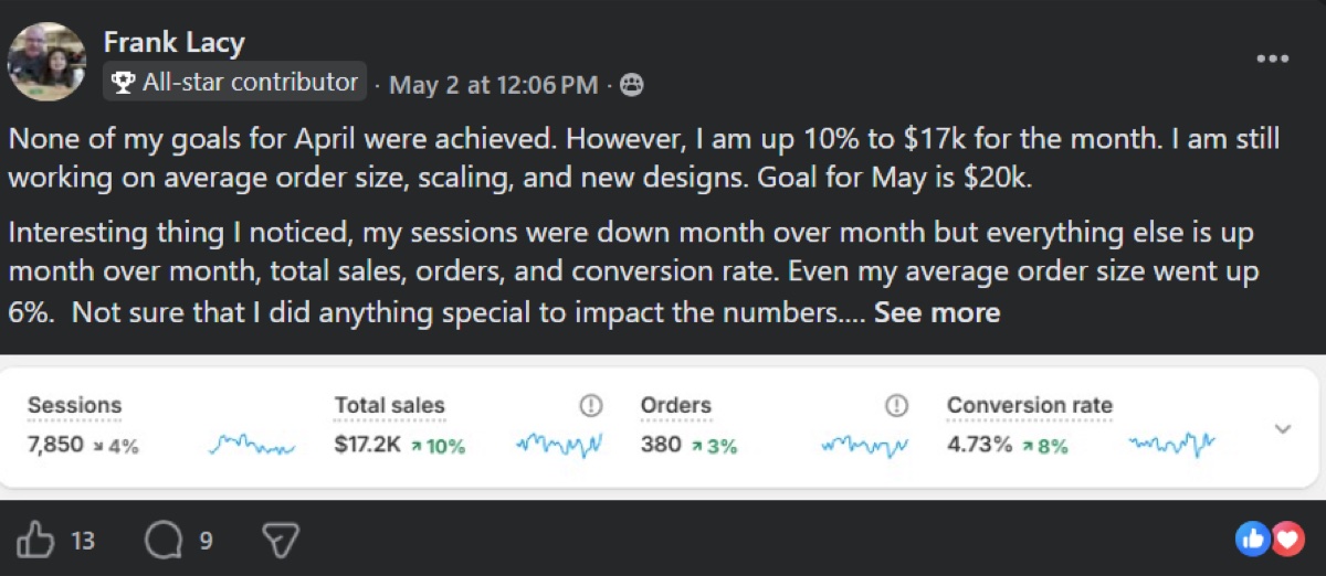 Frank Lacy Skup student win screenshot showing $17K in April sales