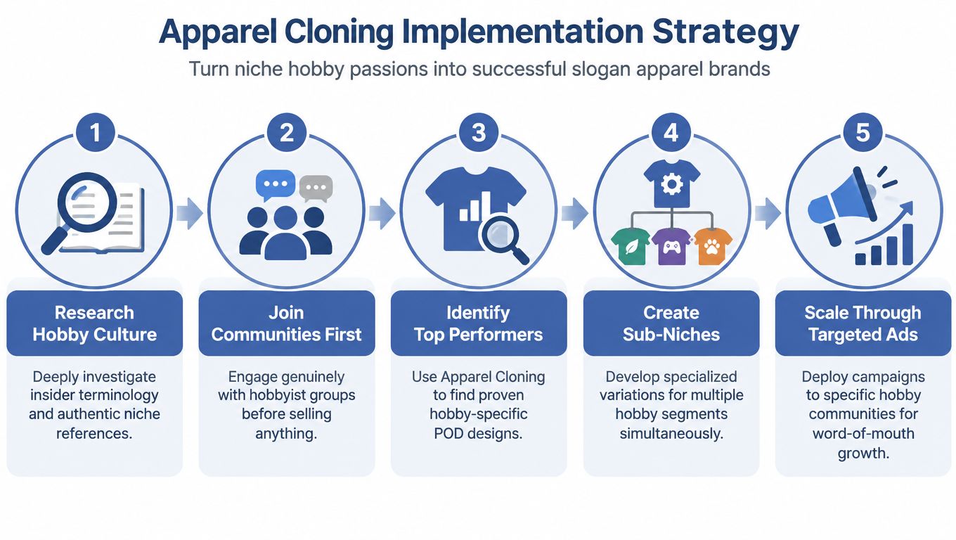 A five-step strategy diagram for building niche slogan apparel brands, starting with research and ending with scaling.