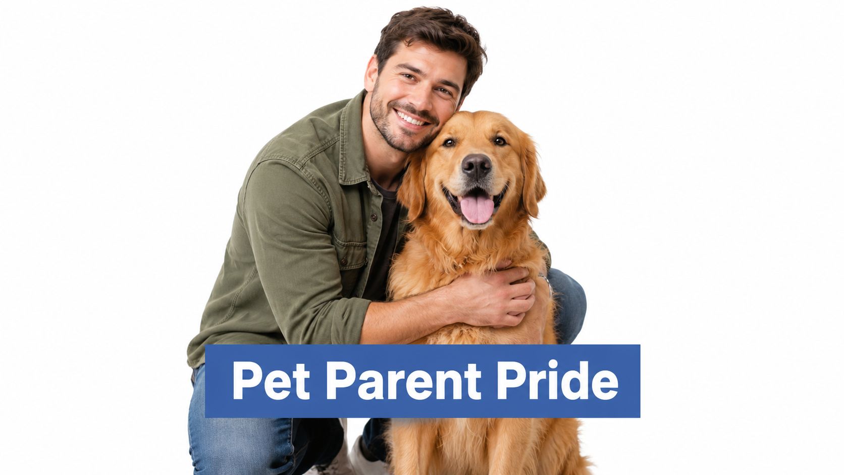 A happy man smiling and hugging his golden retriever dog in front of a white background.