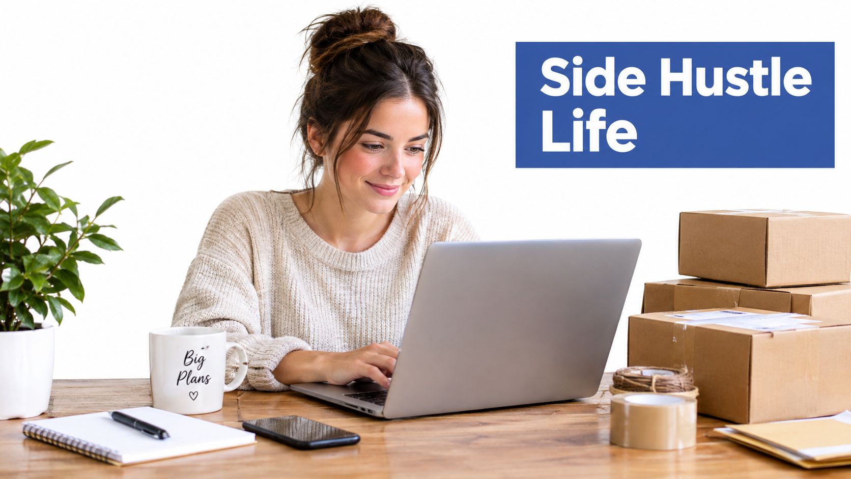 A woman working on a laptop at a desk surrounded by cardboard boxes and shipping supplies.