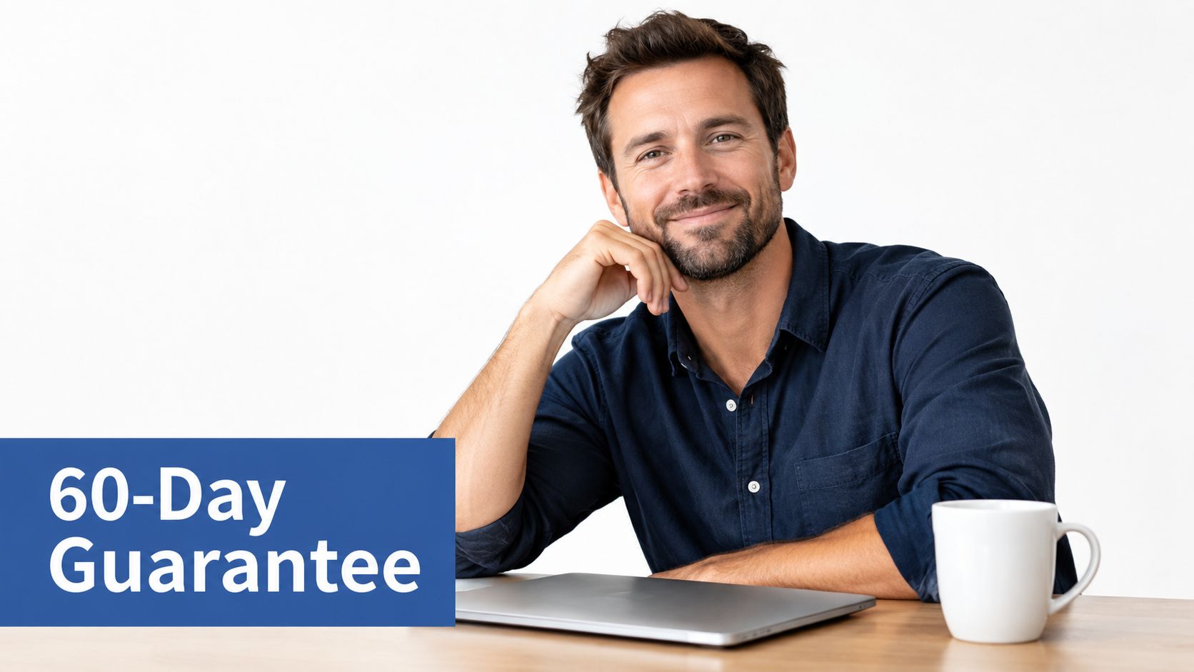 A smiling man sitting at a desk with a laptop and a mug, next to a 60-day guarantee sign.