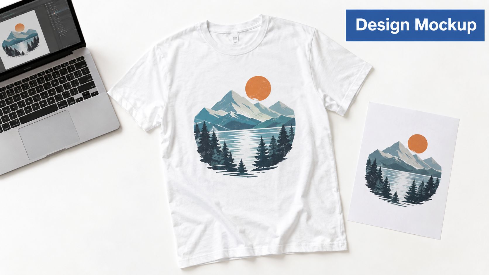 A white t-shirt featuring a mountain and forest graphic design next to a laptop and printout.