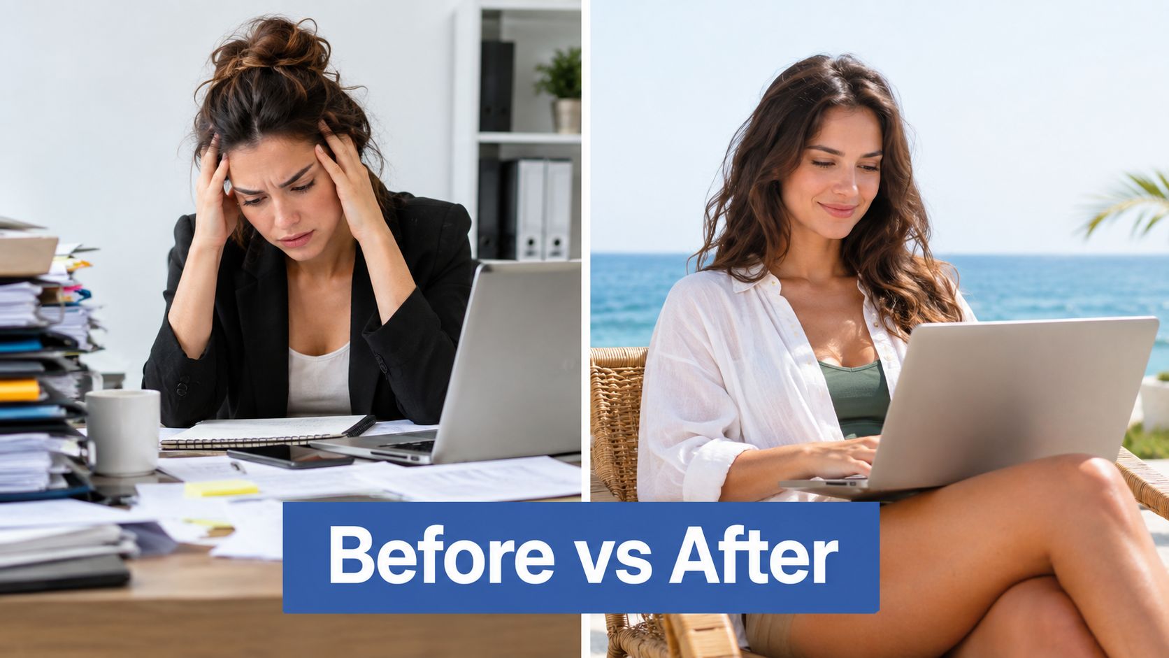 A split image showing a stressed woman in an office compared to a relaxed woman working remotely outdoors.