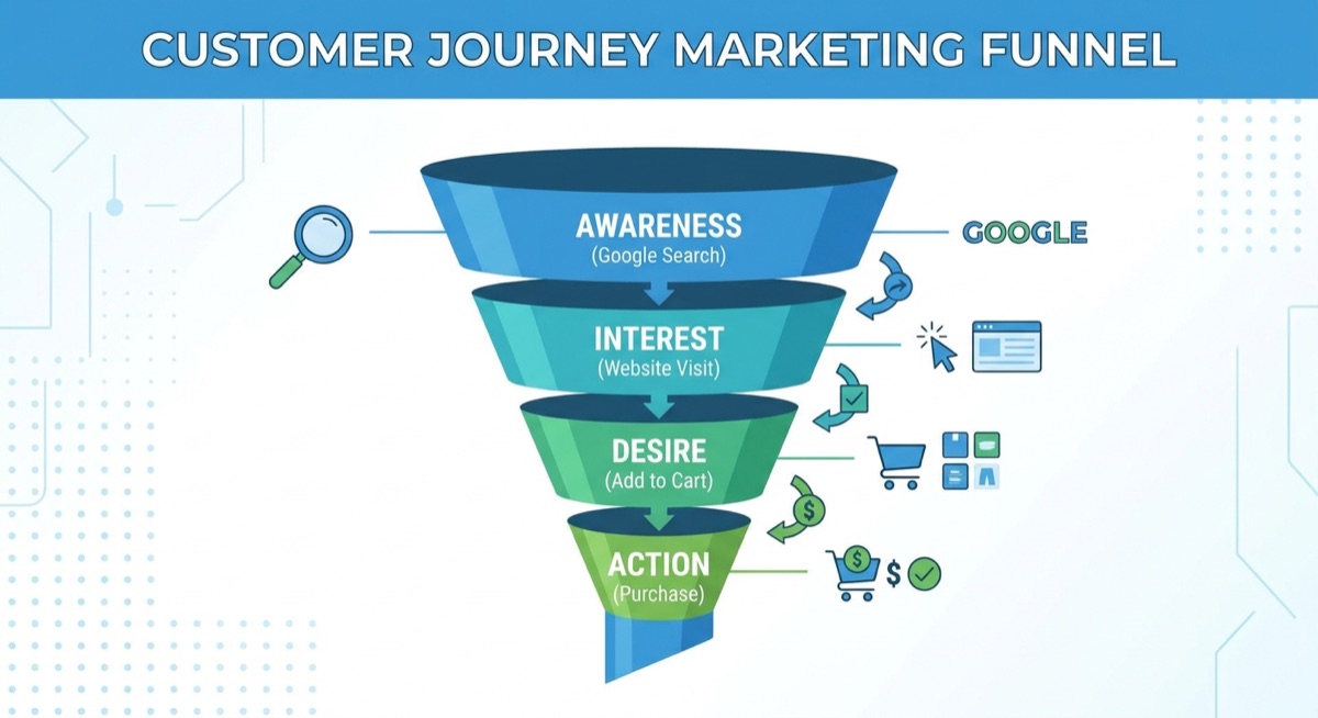 Marketing funnel showing customer journey from Google search to purchase