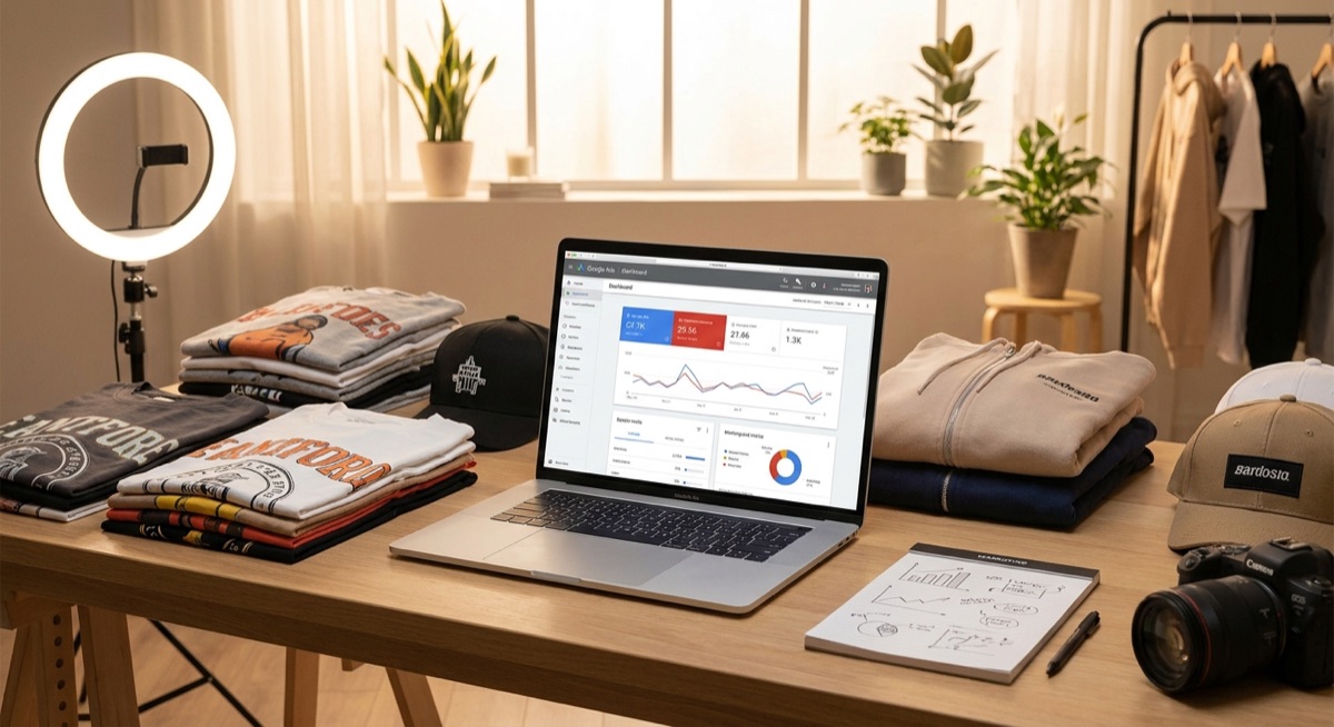 E-commerce workspace with laptop showing Google Ads dashboard and print on demand products