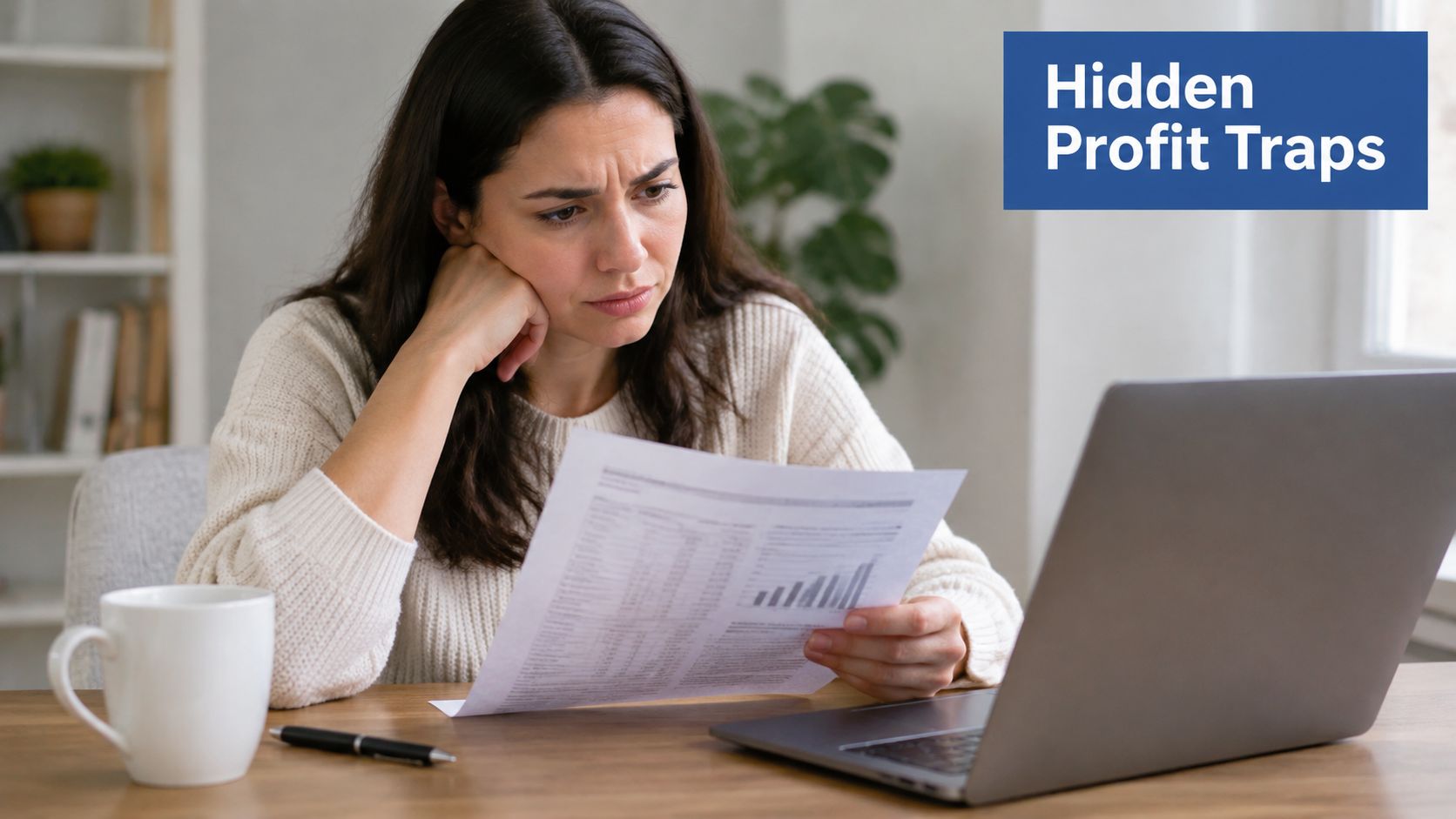 A concerned woman analyzing financial documents with charts at a desk while looking at her laptop.