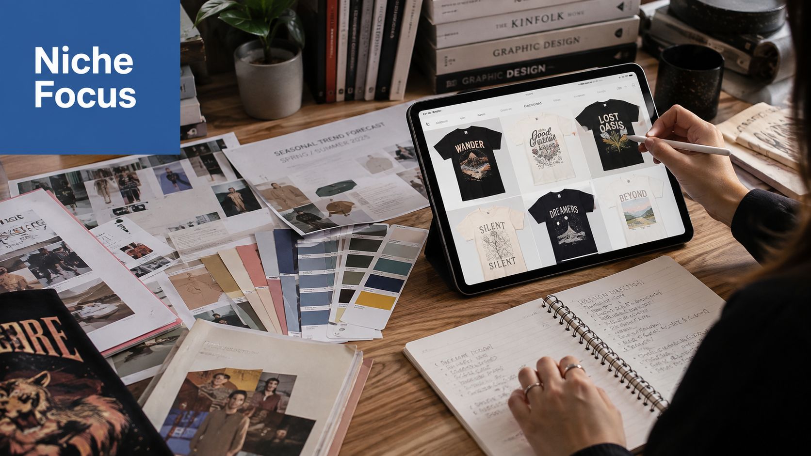 A designer works on graphic t-shirt designs on a tablet at a creative studio workspace desk.