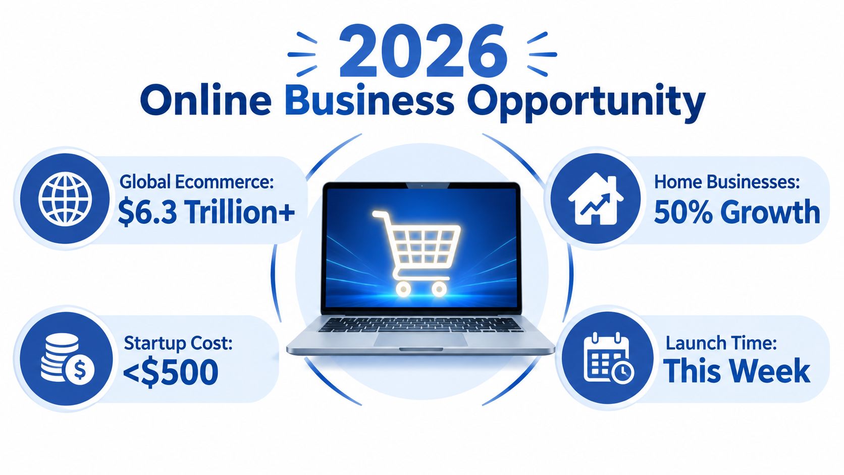 A graphic highlighting 2026 online business opportunities, showing statistics for global ecommerce, startup costs, home business growth, and launch.