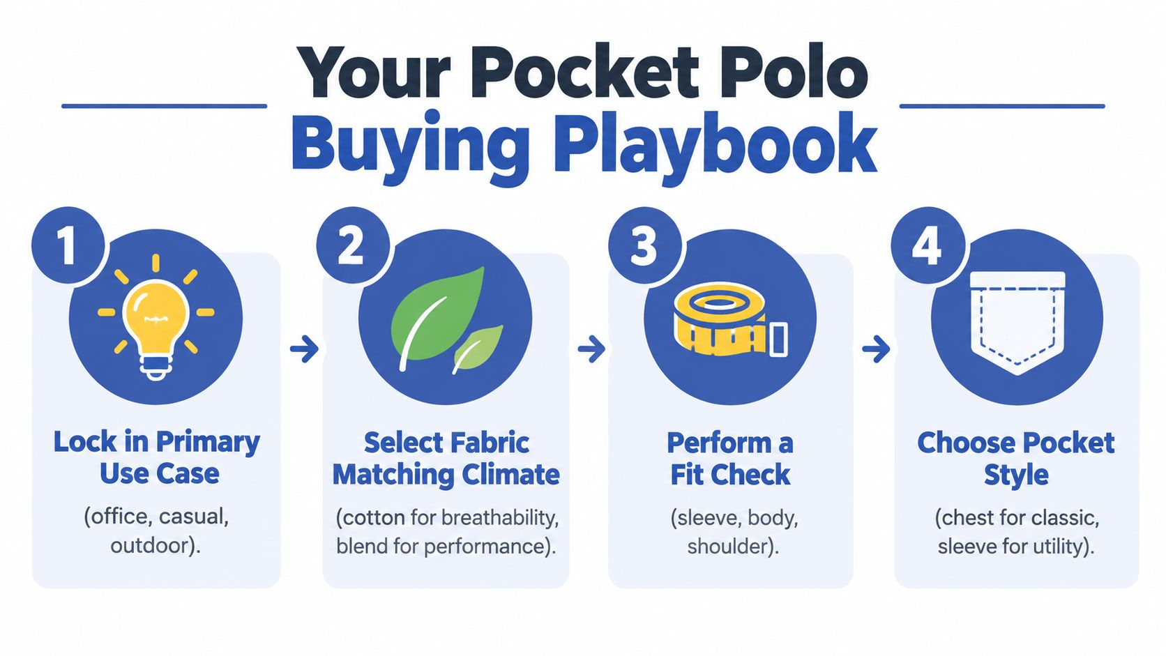 A four-step infographic guide for choosing the right pocket polo shirt for various needs and fits.