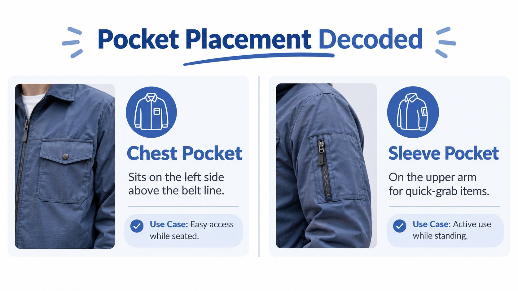 A guide explaining the placement and use cases for chest and sleeve pockets on a blue jacket.