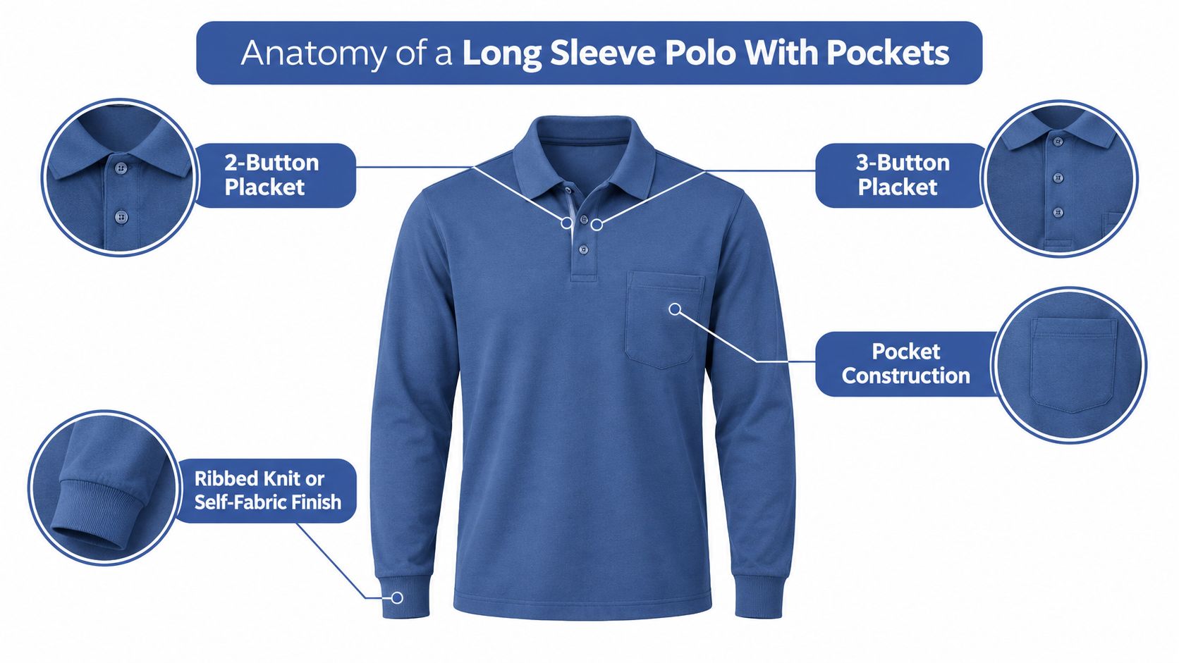 A diagram illustrating the anatomy of a blue long sleeve polo shirt highlighting its specific design features.