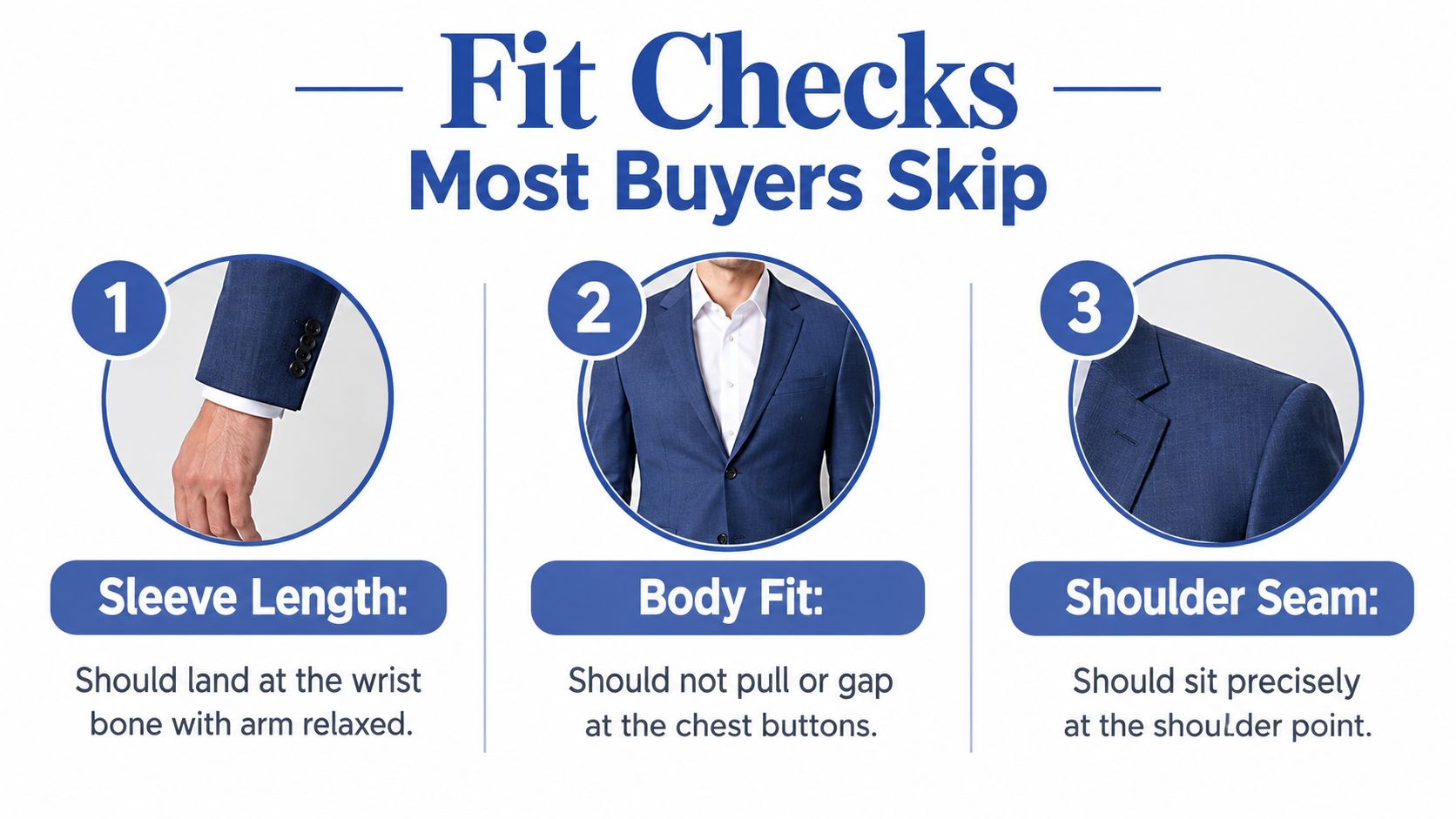 An infographic detailing three essential fit checks for tailored suit jackets including sleeve length, body fit, and shoulder seams.