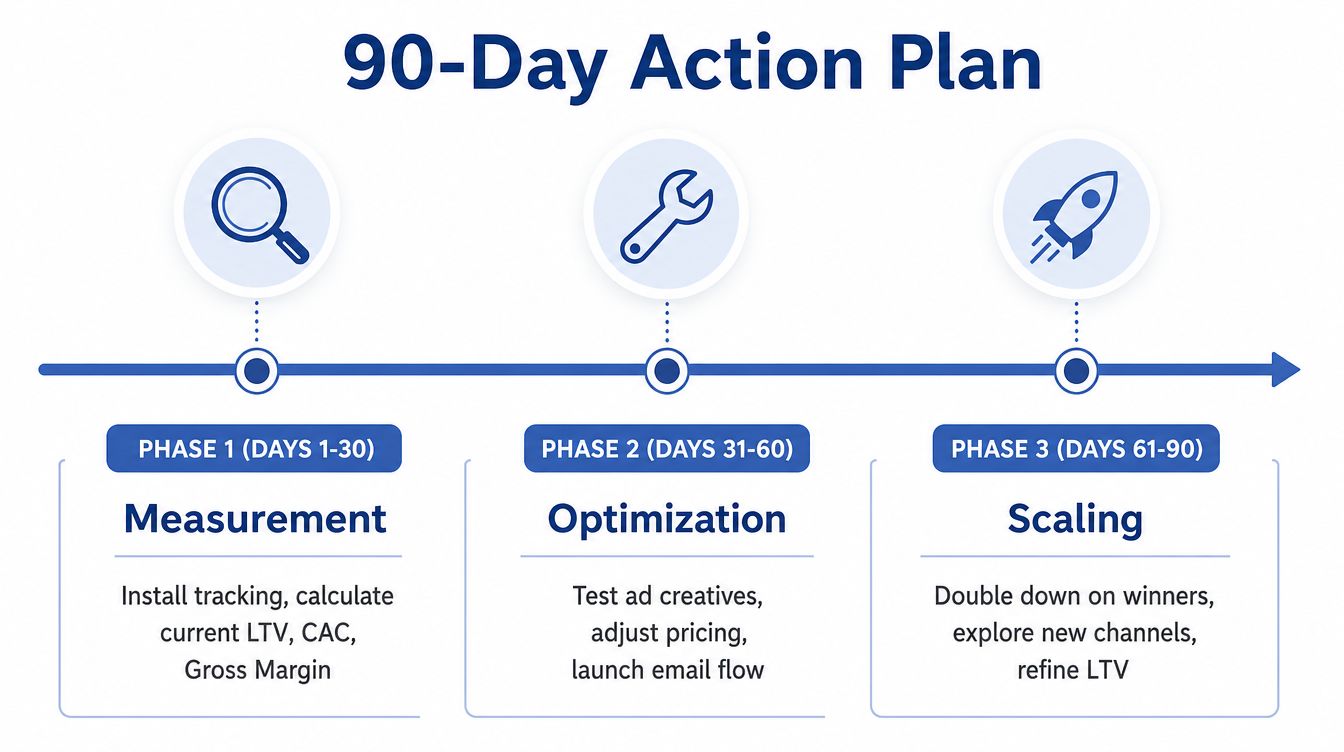 A 90-day business action plan infographic showing three phases for measuring, optimizing, and scaling performance.