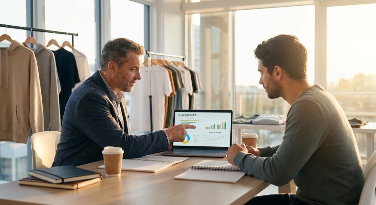 Business coach reviewing ecommerce analytics with entrepreneur in modern office setting