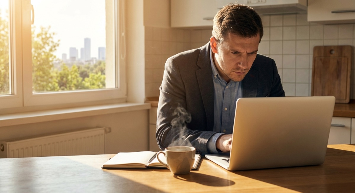 Person working on laptop early morning before heading to day job, building online business as side hustle