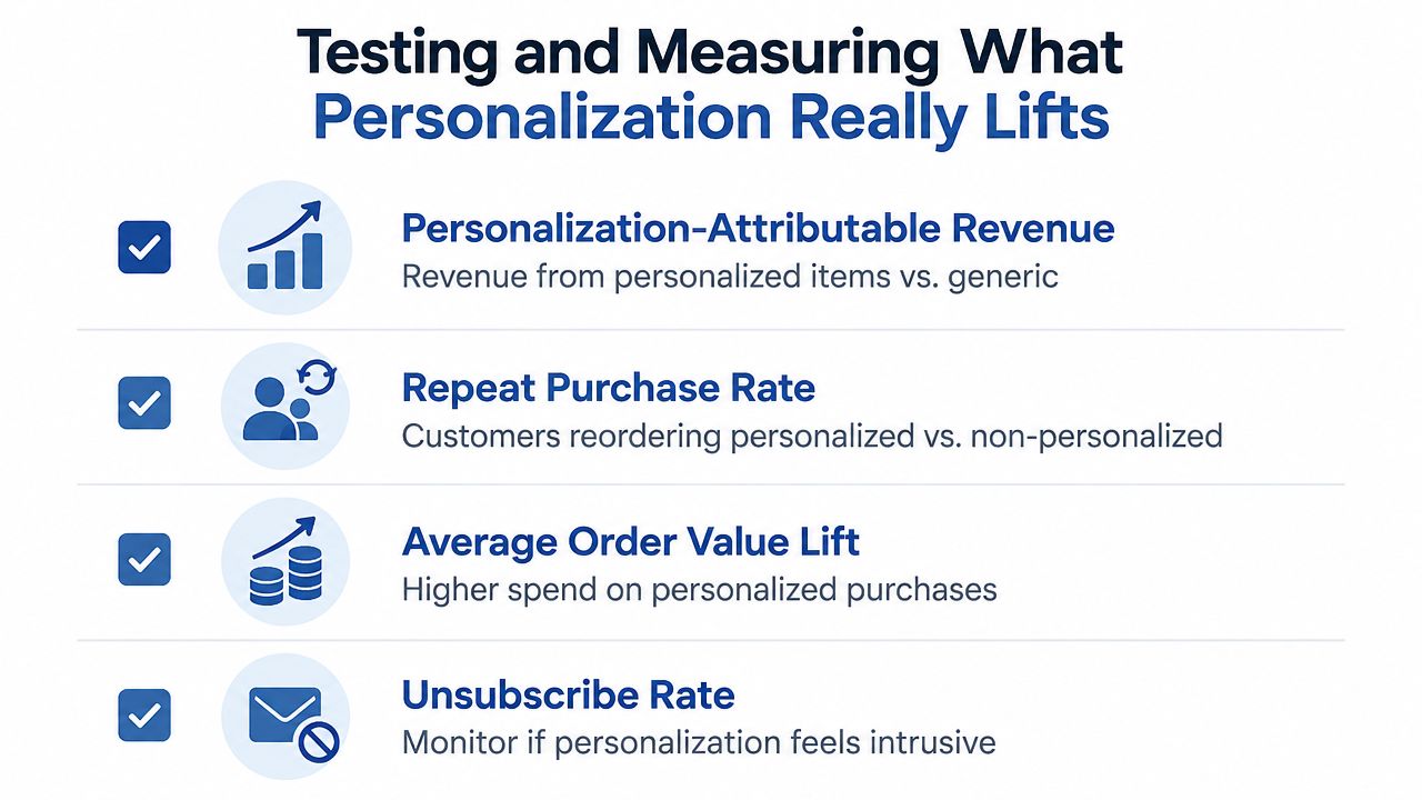 A list of key performance indicators for testing and measuring the impact of personalization in business strategy.