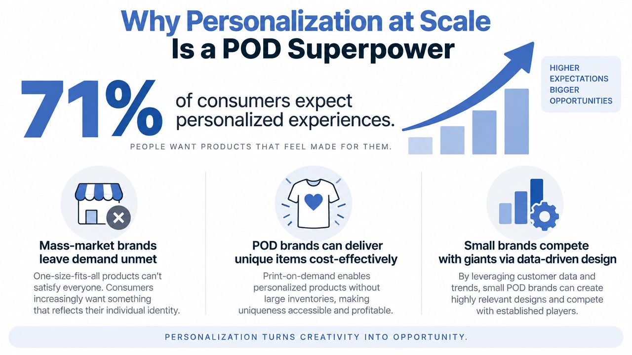 An infographic titled Why Personalization at Scale Is a POD Superpower illustrating consumer demand for personalized products.