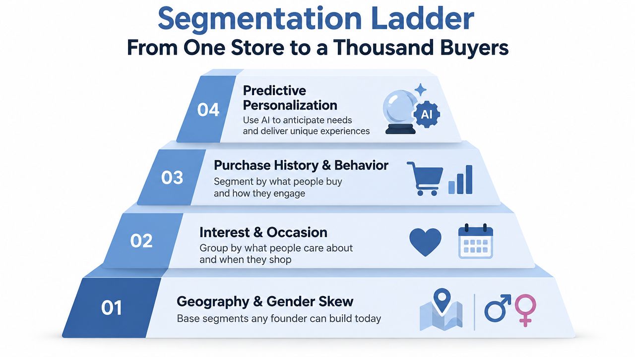 A four-step pyramid diagram illustrating the Segmentation Ladder for marketing from store data to AI personalization.